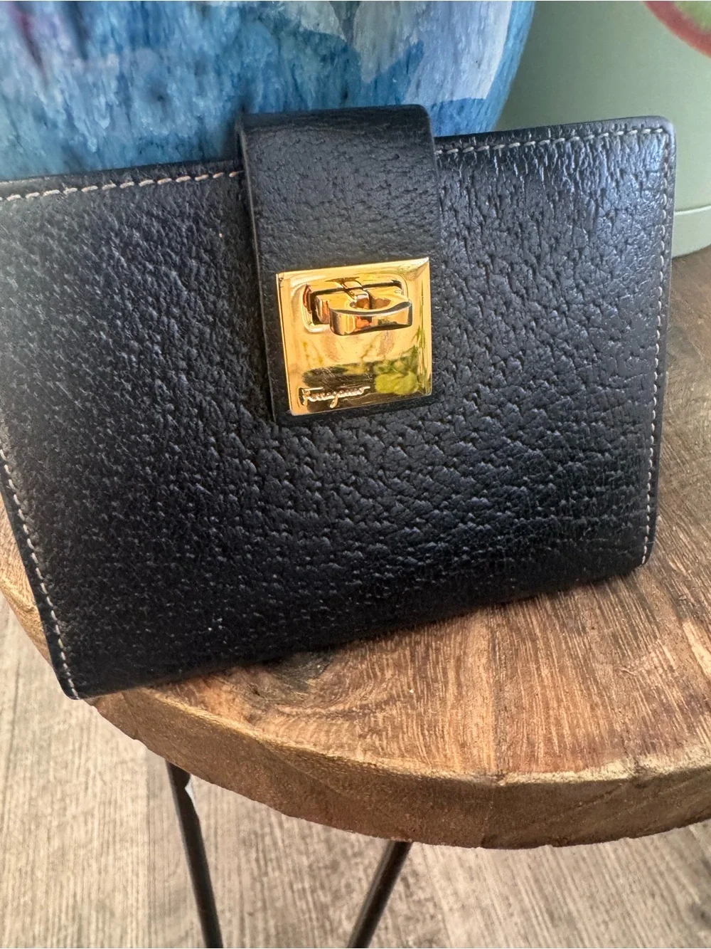 Salvatore Ferragamo Black Pebbled Leather Wallet with Gold-Tone Clasp